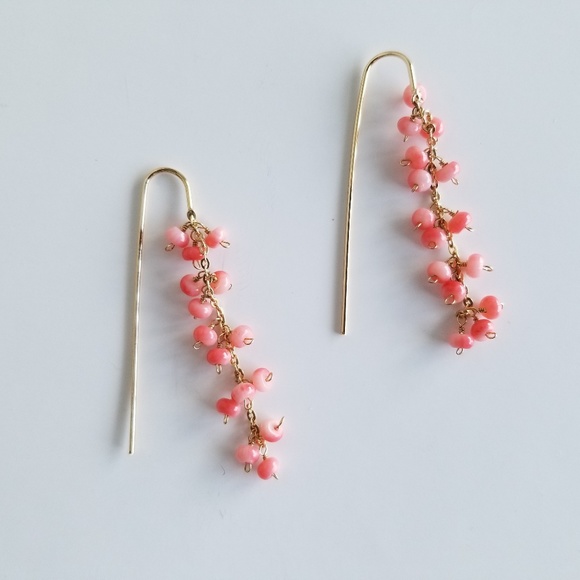 Red Bamboo Coral and Vermeil Gold Cascade Handmade Earrings  Gold Vermeil Coral Cascade Earrings